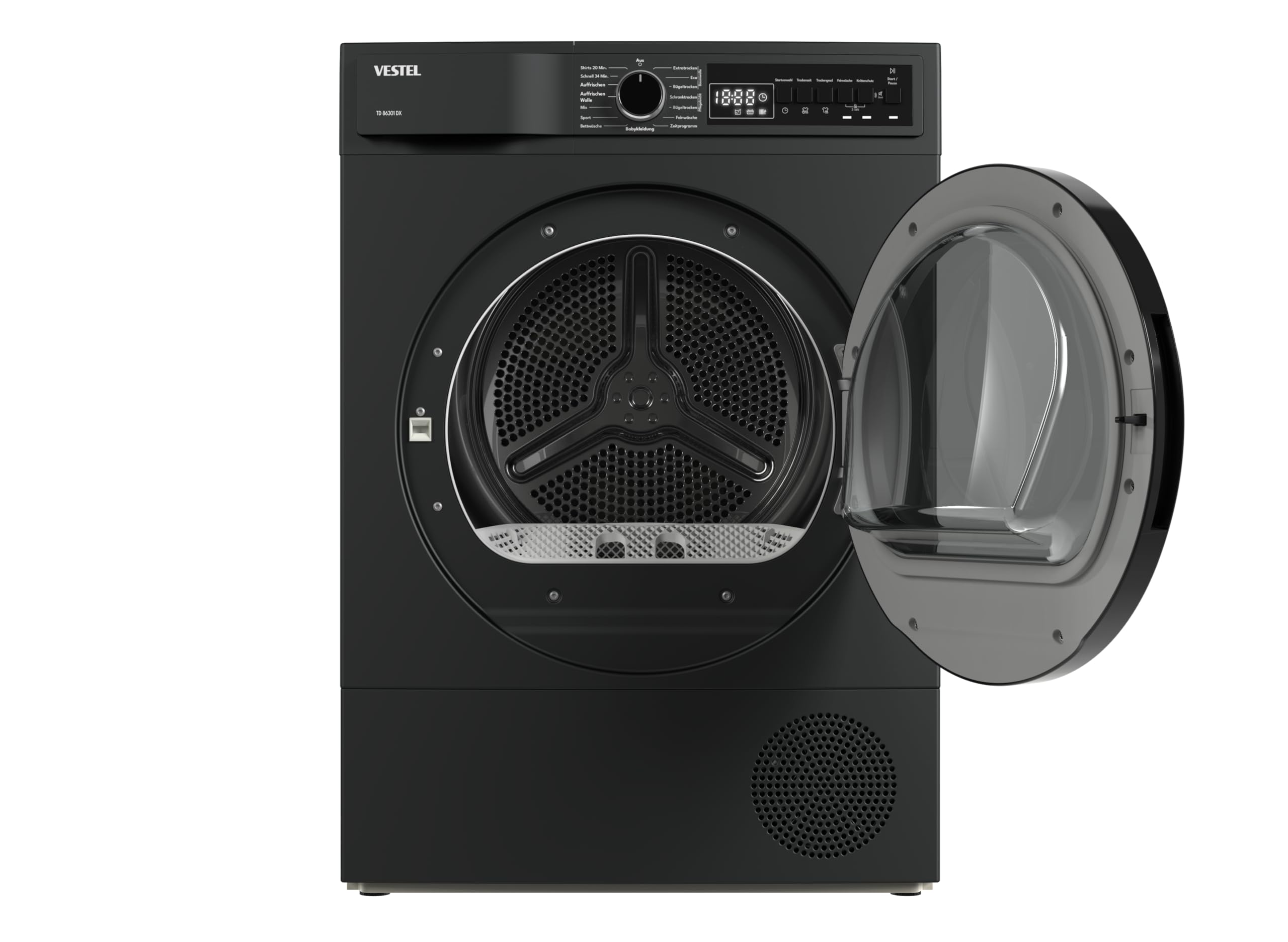 VESTEL TD 86301 DX Wärmepumpe Frontlader, 8 kg, 15 Programme, 20 Min. Schnellprogramm, Knitterschutz, PearlDrum-Schontrommel, Dark Inox
