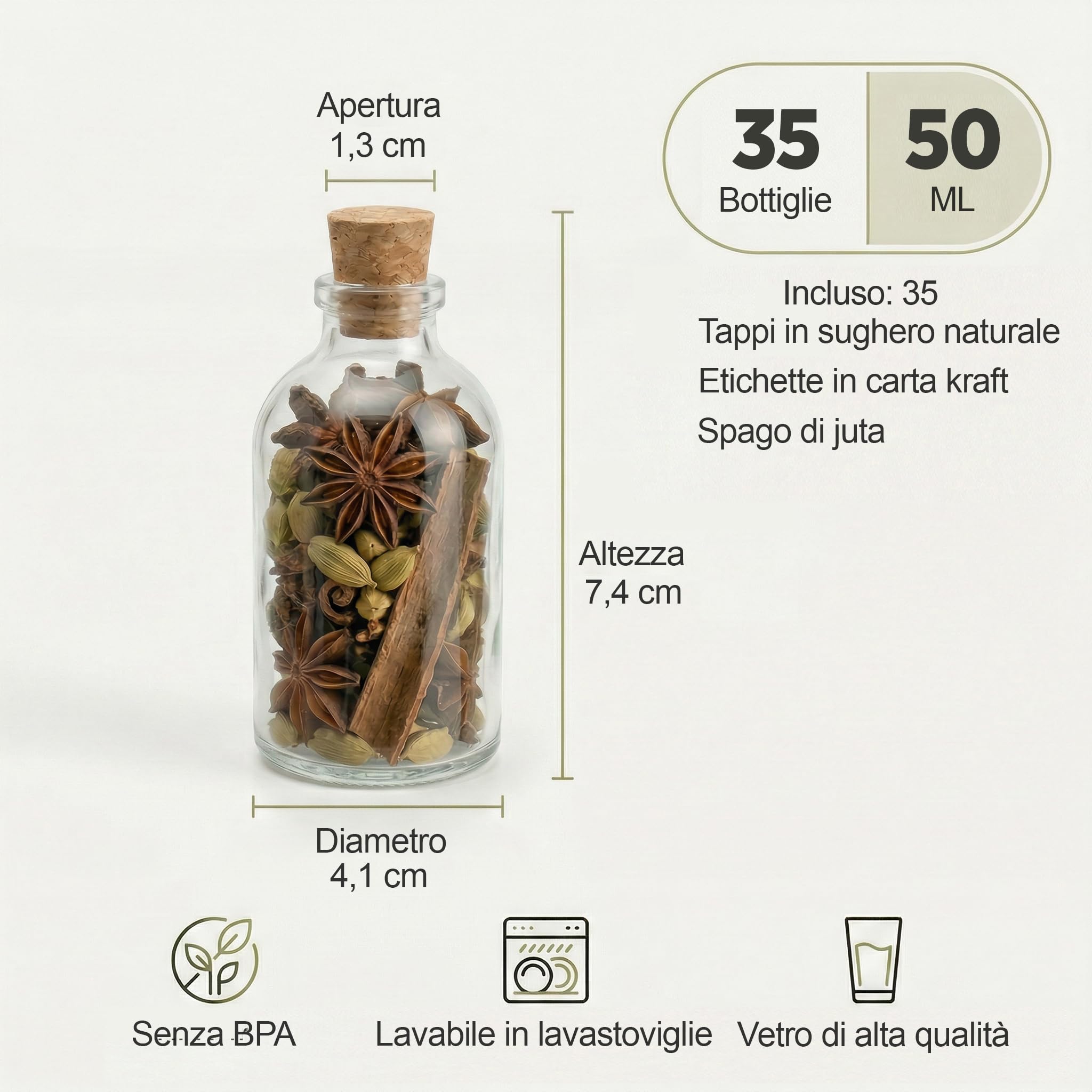 35 Bottigliette di Vetro Piccole 50 ml con Tappo Sughero, Mini Bottiglie Vetro 50ml da Riempire per Liquori Mignon Bomboniere Etichette