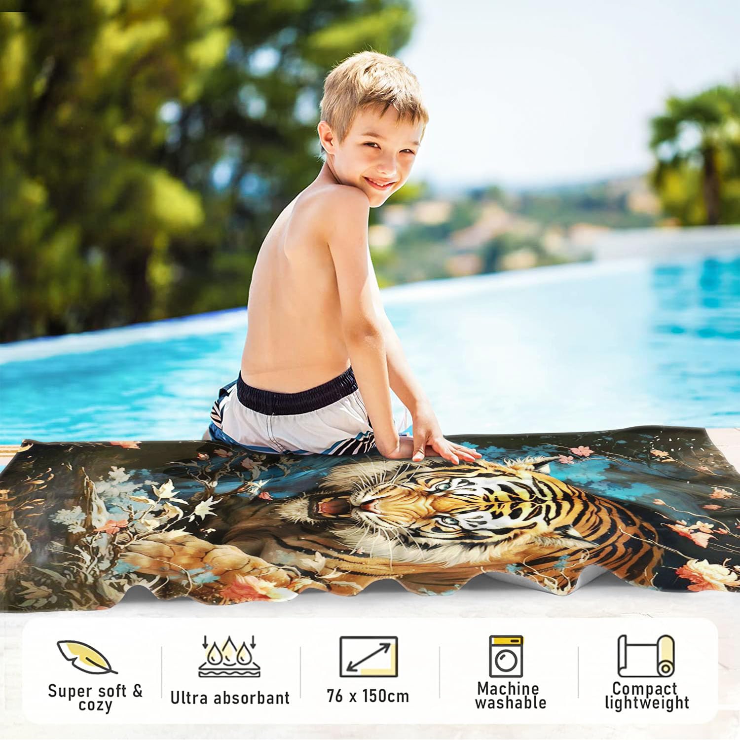 Serviette De Plage Microfibre Enfant Motif Tigre – Grande, Douce Et Séchage Rapide 90x180 Cm, Idéale Pour La Mer Et La Piscine