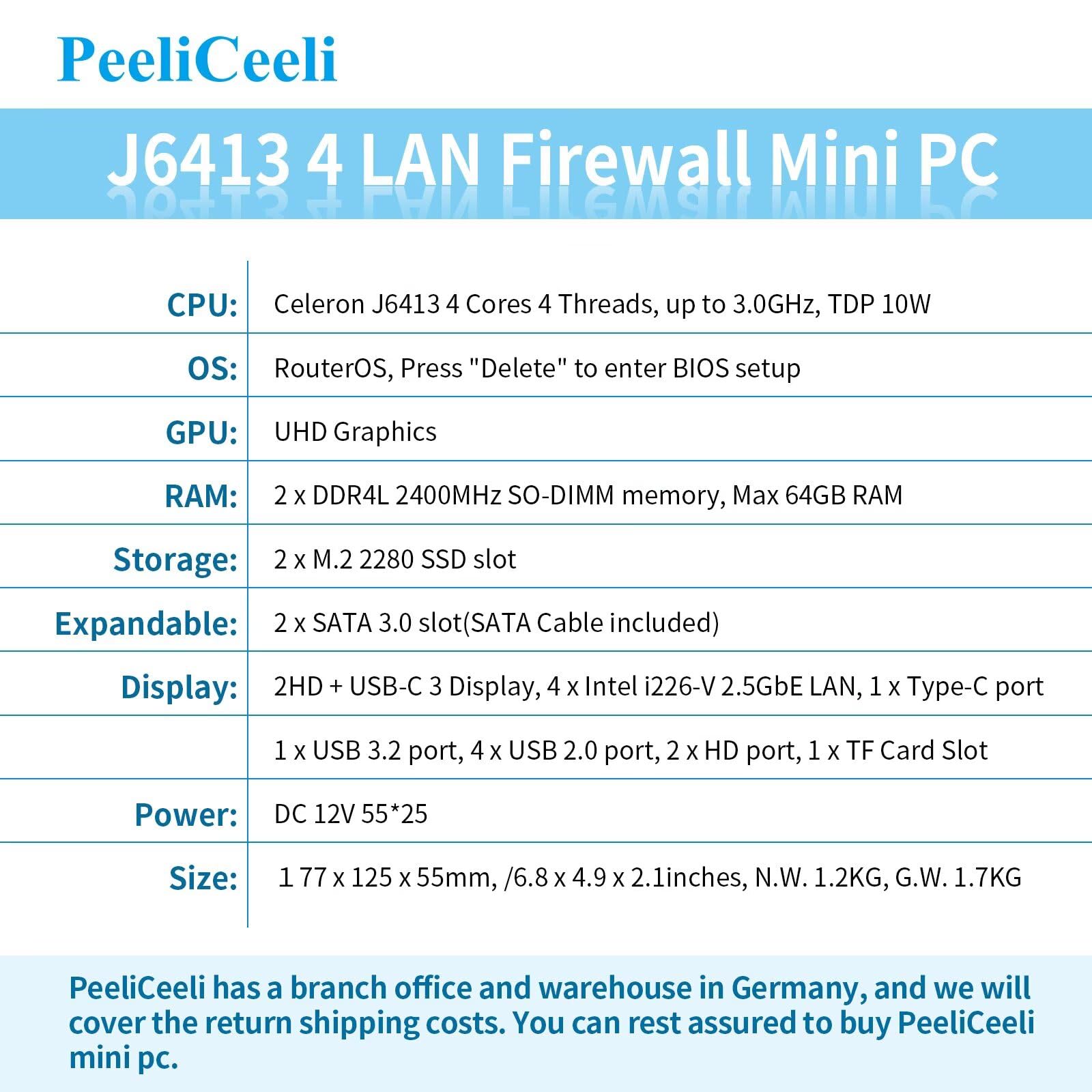 Mini PC, Firewall Appliance 4x2.5 Gigabit I226-V LAN, J6413 Processor, Micro Computer Router Triple Display, Dual SATA, 2xM2_NVMe, TF, AES-NI, OPNsense, USB, Barebone NO RAM NO SSD