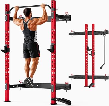 MU 2" x 2" Folding Squat Rack, 1100LBS Wall Mounted Power Rack with Adjustable Pull Up Bar, J Hooks, Landmine, Foldable Squat Rack for Home Gym, Garage, Training Studios Black and Red