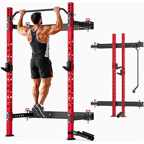 MU 2" x 2" Folding Squat Rack, 1100LBS Wall Mounted Power Rack with Adjustable Pull Up Bar, J Hooks, Landmine, Foldable Squat Rack for Home Gym, Garage, Training Studios (Black and Red)