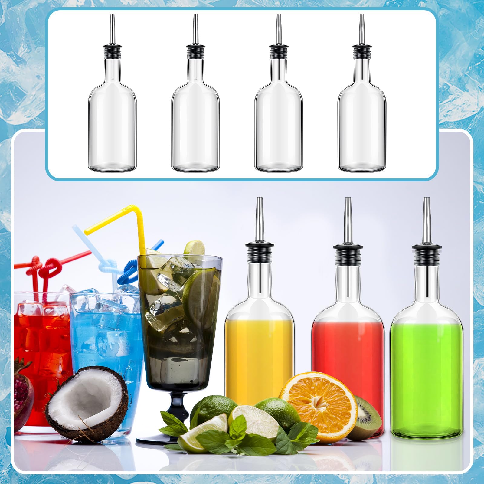 4 botellas de vidrio de cuello largo de 17 onzas para verter botellas de licor, botella de jarabe de jugo de barra con vertedor y tapas, vertedor con boquilla cónica para licor, vino, jugo de 4