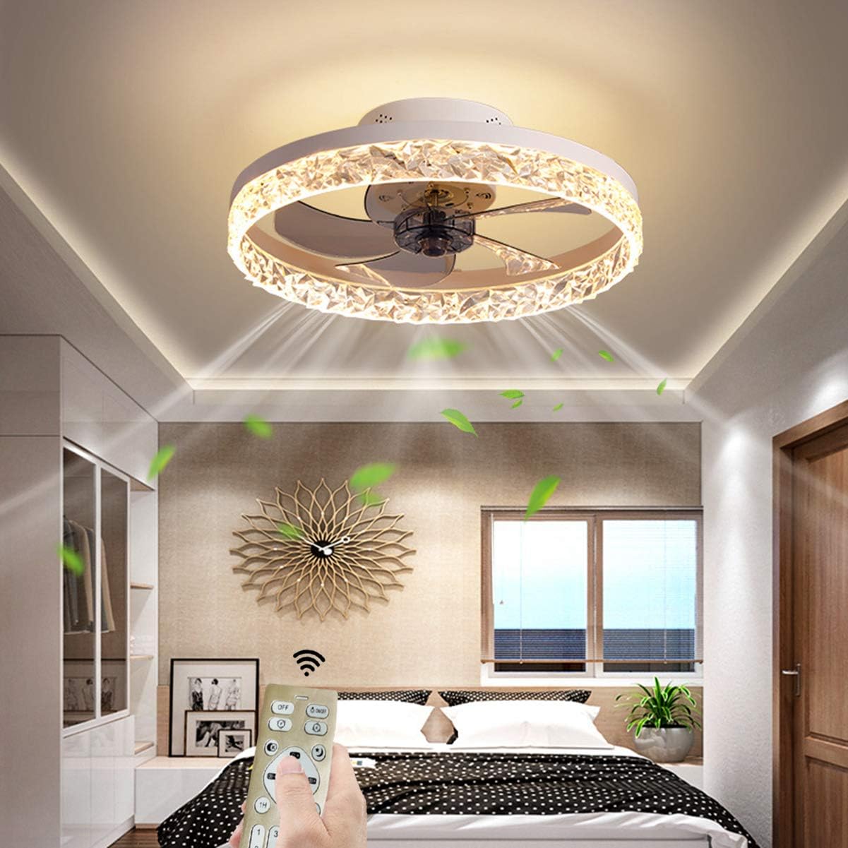 OMGPFR Ventilador de Techo con luz LED Encendiendo, Lujo Cristal Lámpara de Techo con Control Remoto Lámpara de Ventilador de Techo para Sala de Estar Habitación Luces, Ventilador Reversible,Blanco