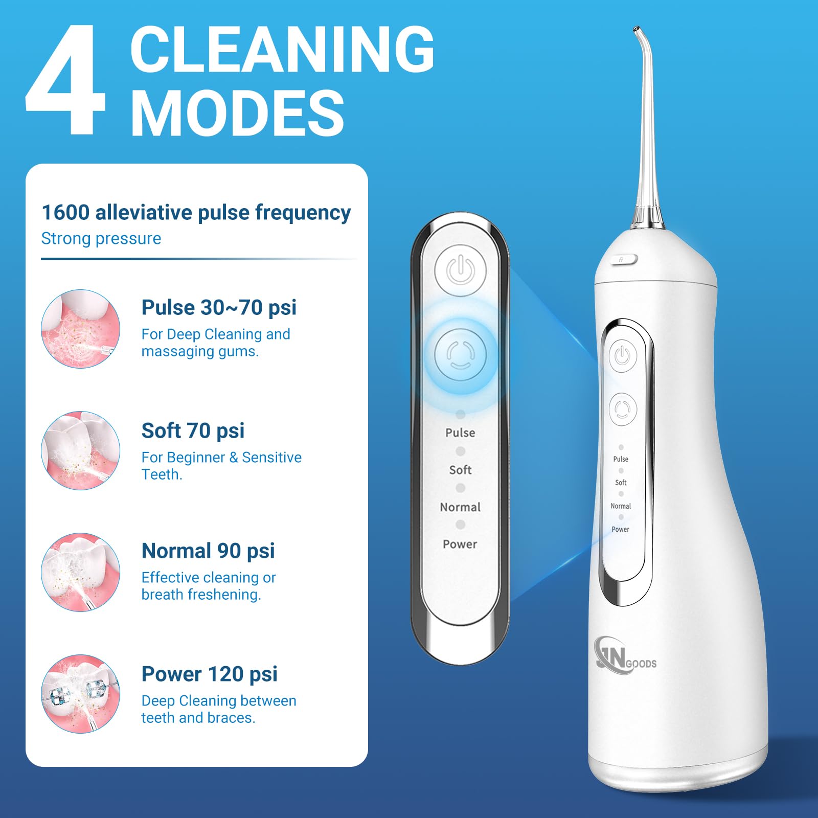 JNGOODS JNGOODS - Irrigador bucal inalámbrico de agua, 300 ml, recargable para dientes, IPX7, impermeable, 4 modos, irrigador oral portátil con 4 puntas de chorro, uso doméstico de viaje (blanco)
