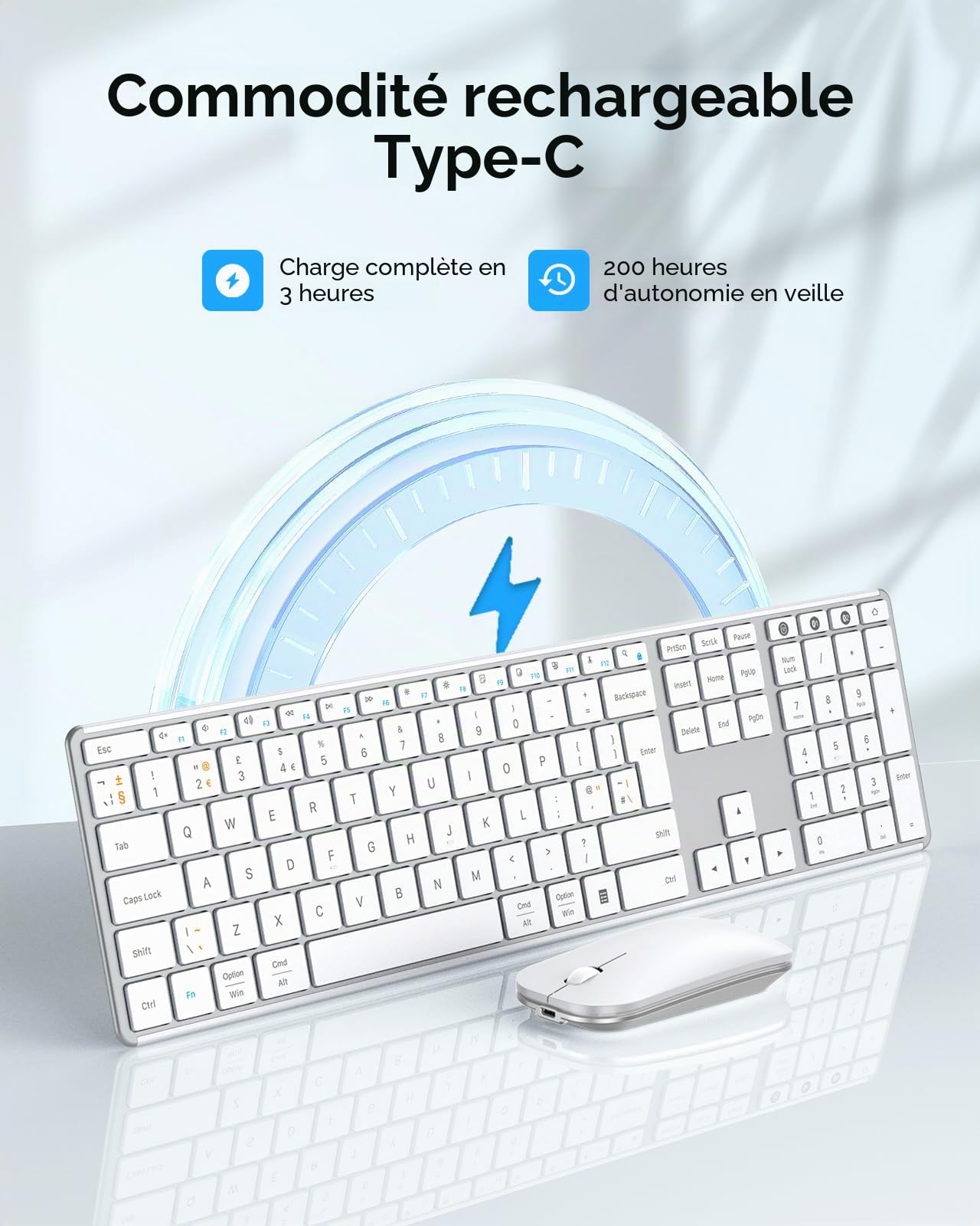 seenda Wirelees Ensemble clavier et souris Bluetooth rechargeable (USB + double BT), multi-appareils, souris et clavier sans fil ultra fin, compatible avec Windows 7/8/10, Mac OS, tablette, QWERTY