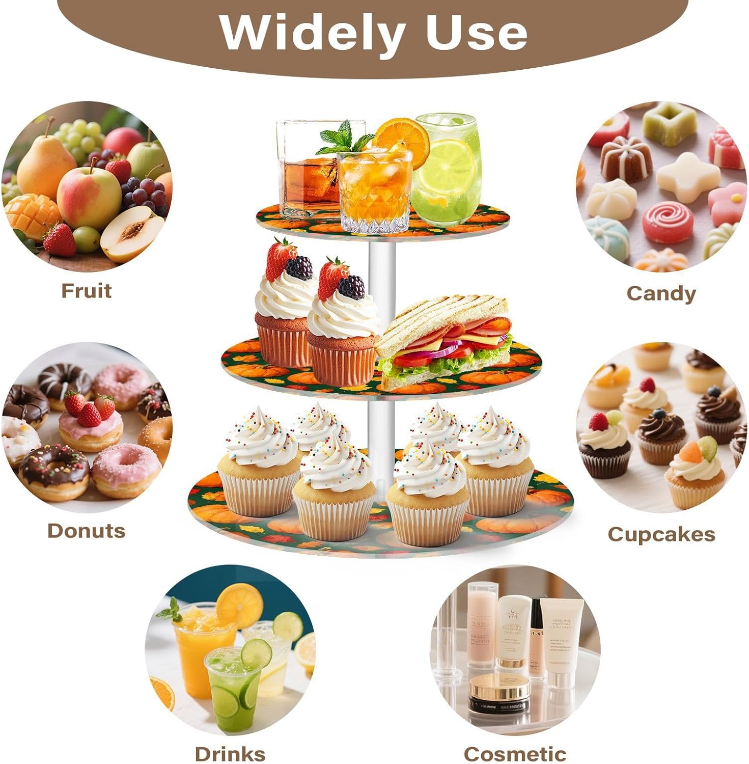 Autumn Fall Pumpkin Maple Leaves Thanksgiving 3 Tier Acrylic Cupcake Stand, Cupcake Stand for 34 Cupcakes for Weddings,Christmas,Holidays,Parties,Birthday,Printed Cupcake Tower 23302031