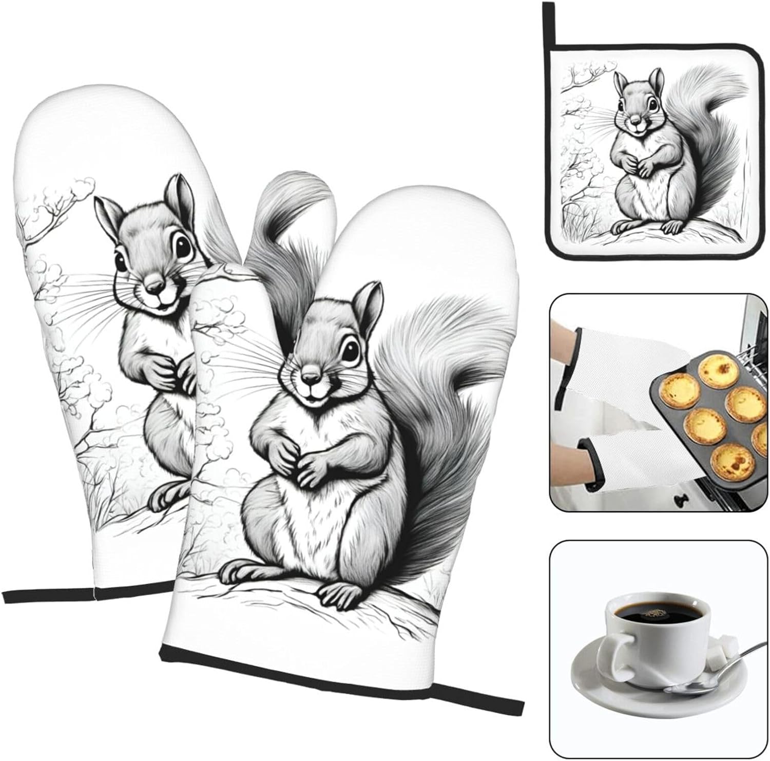 Cartoon Squirrel Print Heat Resistant Microwave Gloves, Used for Baking, Cooking, and Fashion Kitchen Essentials