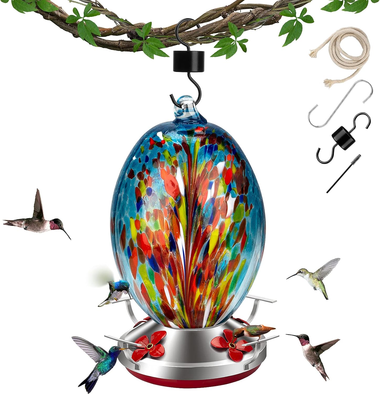 Hummingbird Feeders for Outdoors, Hand Blown Glass Hummingbird Feeder, 32oz Never Leak & Rust Proof Bird Feeders for Outside with Hanging Hook, Ant Moat, Brush, Hemp Rope, Garden Décor