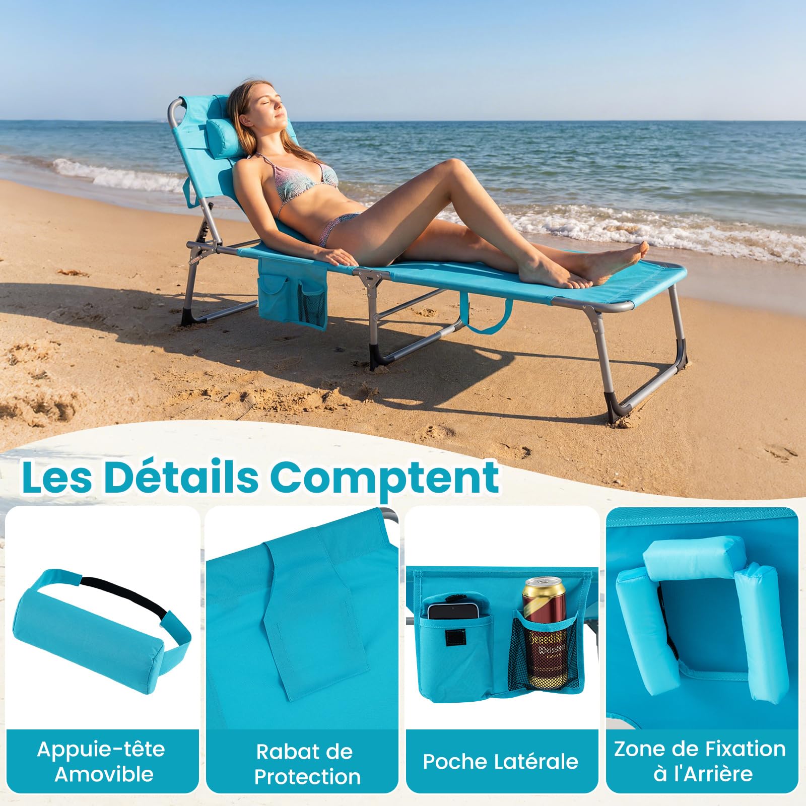 COSTWAY Bain de Soleil Réglable à 4 Positions, Chaise Longue Pliante, Trous pour Visage&Bras, Poche Latérale, Appuie-Tête Amovible, Transat pour Jardin Piscine Terrasse, Charge 150 kg (Turquoise)