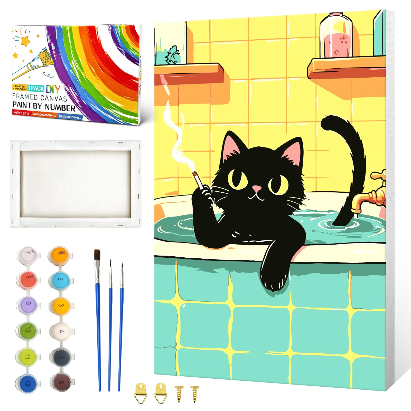 ZTOTZ Paint by Numbers Kit for Adults Framed,Smoking Cats Paint by Number Canvas 8x12,Easy Animal Paint by Numbers for Teens Beginner Home Wall Decor