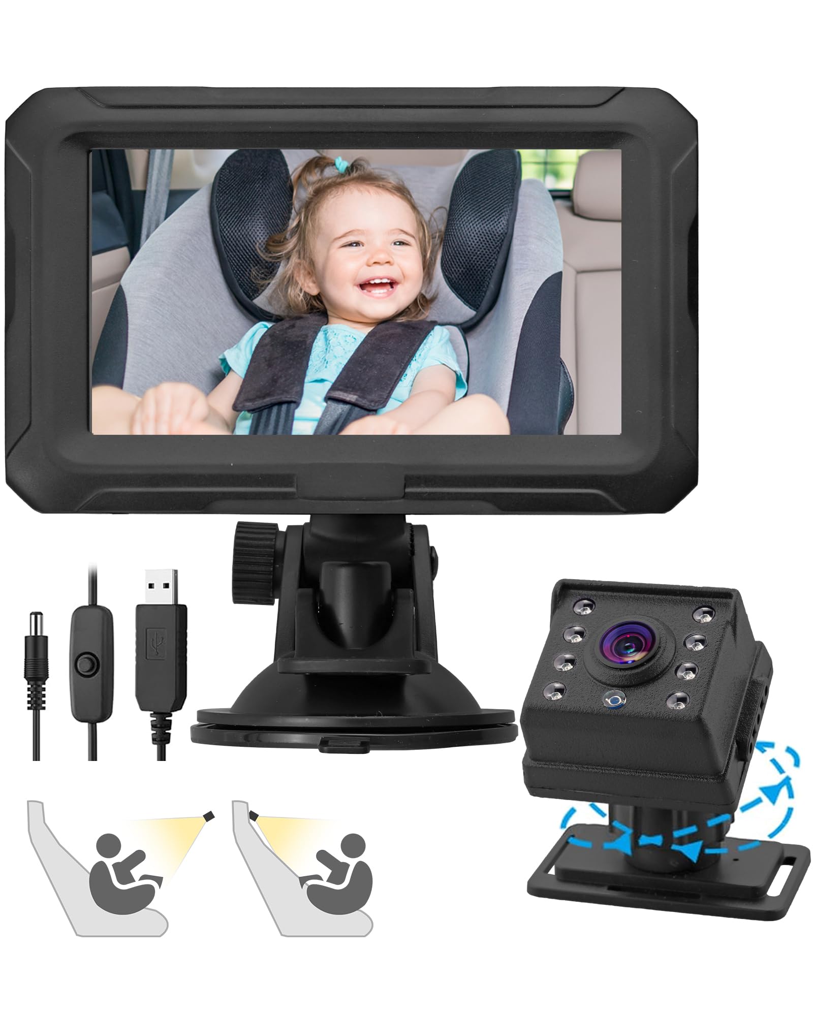 eSynic Miroir Voiture Bébé HD 1080P Rotation à 360 Retroviseur Voiture Bebe avec Lampe Infrarouge de Vision Nocturne Support Adhésif Solide Miroirs Auto Bébés Alimentation par USB Installation Facile