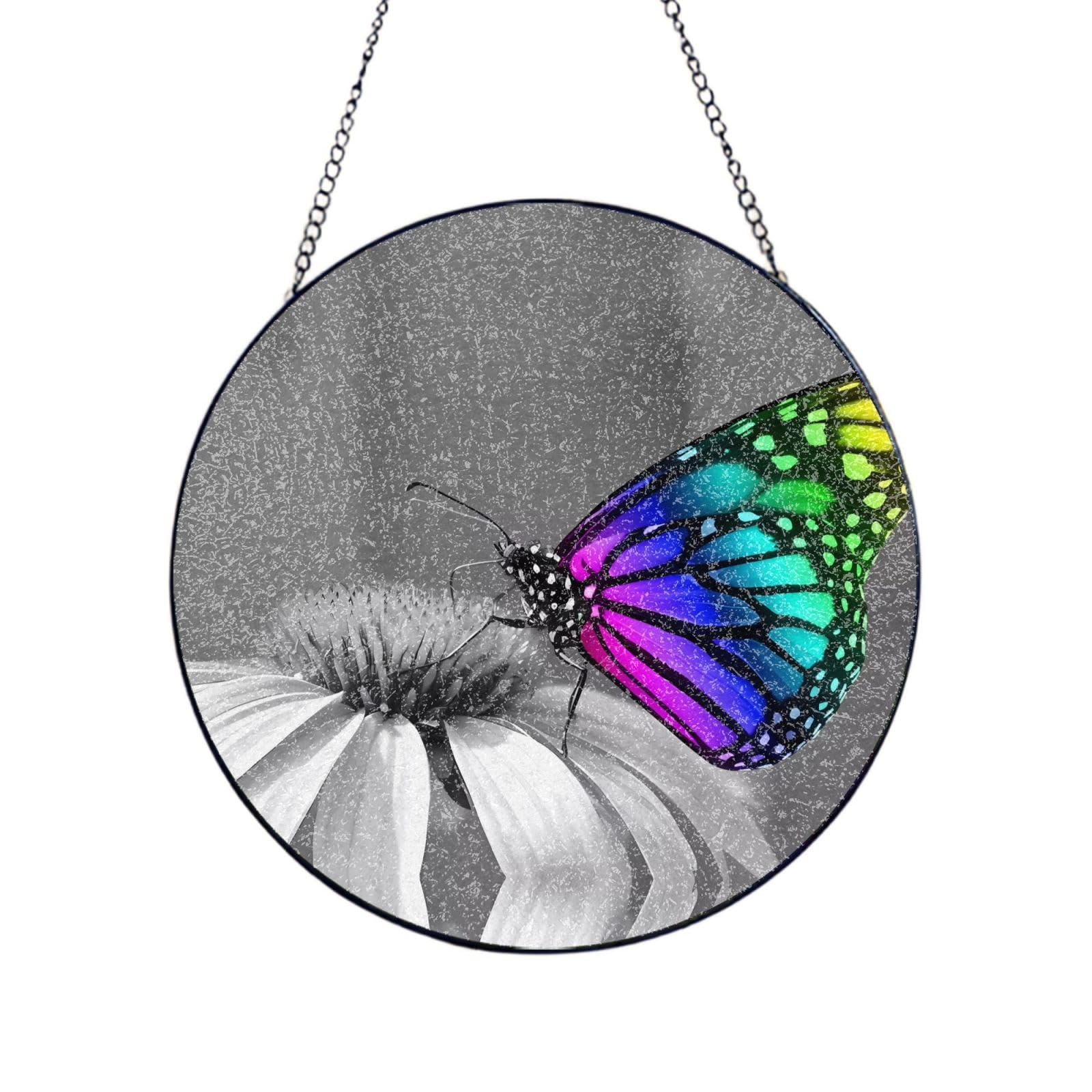 Phayah Butterfly Print Glass Window Hanging Round Suncatcher Glass Ornament Garden Wall Fence Decorations Indoor Outdoor 8in（20cm）