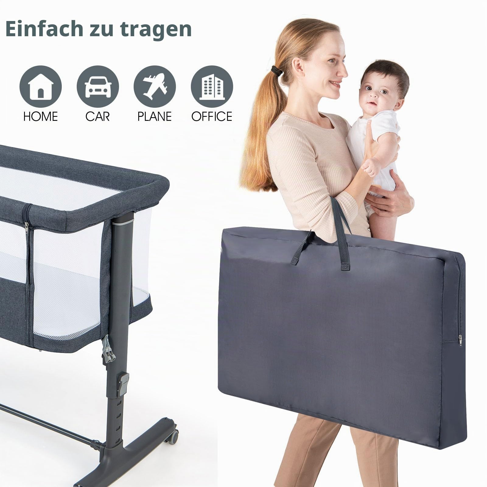 LIFEZEAL 3 in 1 Beistellbett, 5-stufig höhenverstellbares Babybett, Babywiege Stubenwagen mit Matratze, Mobiler Reisebett auf Rollen mit Tragetasch, Kinderbett für Baby ab Geburt bis 9 kg (Dunkelgrau)
