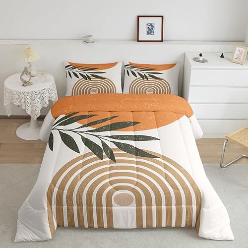 Juego de edredón abstracto con diseño de sol y luna, tamaño Queen, juego de ropa de cama bohemio con hojas exóticas para niños y niñas, decoración