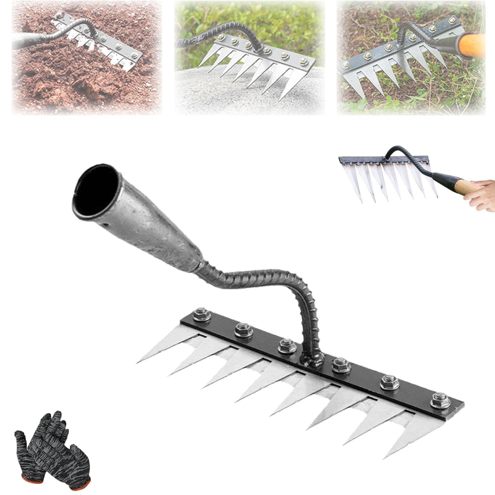 LLELEMAMO Iron Rake 2.0, Gardenia Iron Weeding Rake, 5/6/7/8 Teeth Carbon Steel Garden Weeding, Multifunctional Gardening Hand Weeder Tools, for Gathering Leaves, Leveling Lawns (5 Teeth)