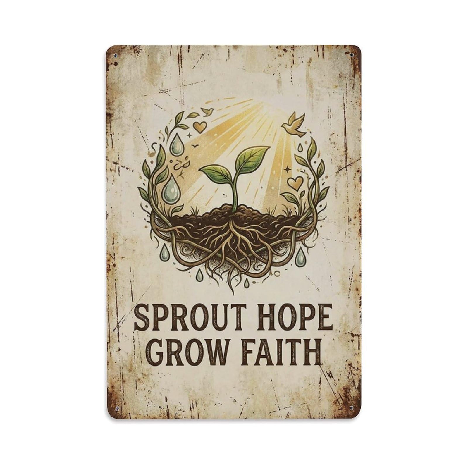 Okngb Style Vintage Botanical Nature Quote Hope Grow Faith Heritage Metal Tin Sign Plaque Wall Decor For Cafe, Man Cave, Club Bar, Office, Home Garden Round Metal Poster 8X12inch