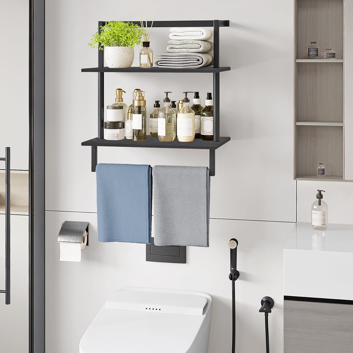 wall mounted towel rack for bathroom, bath storage holder 3-tier steel wood towel shelf with bar, black