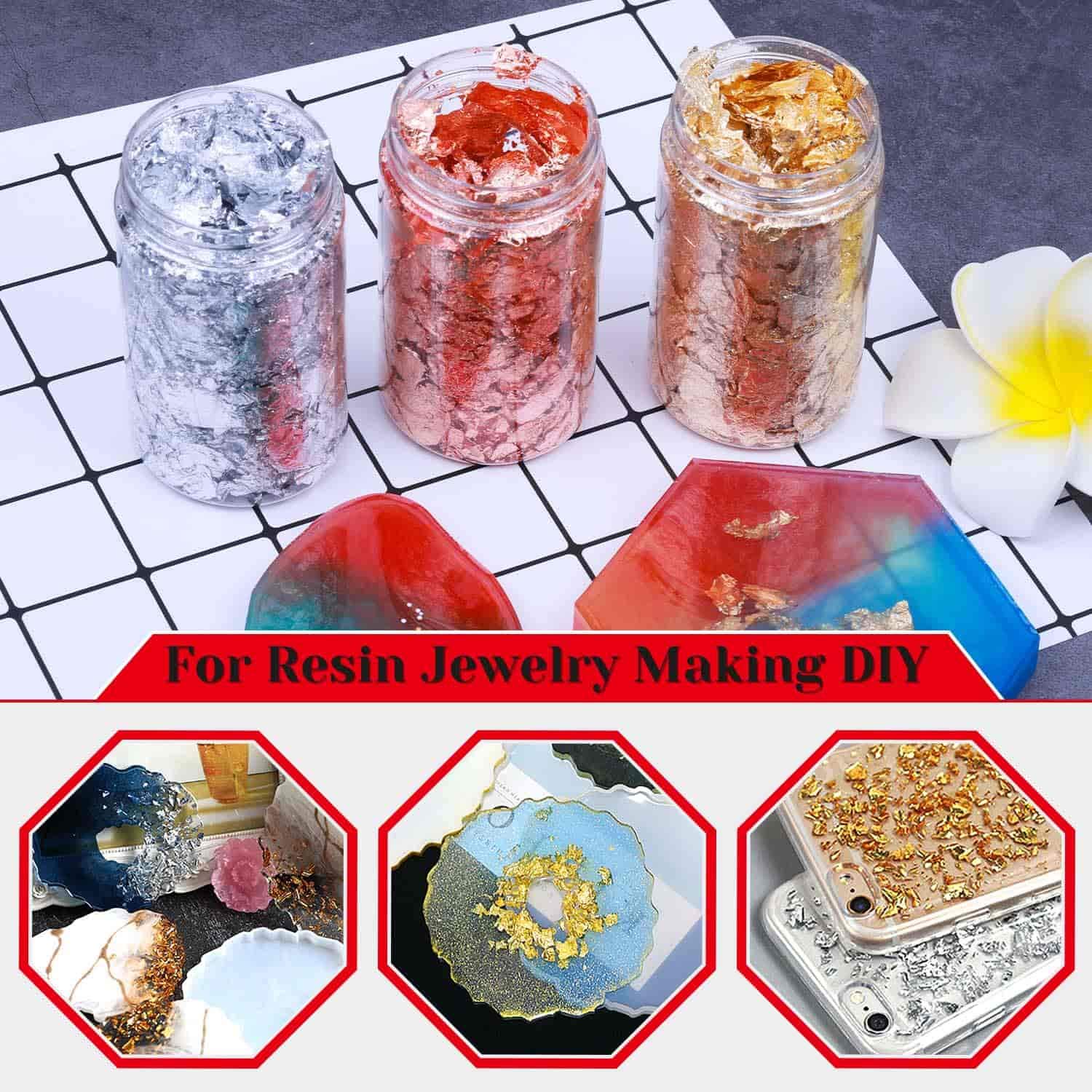 Gold Foil Flakes for Resin Jewelry Making, Paxcoo Imitation Gold Foil Flakes Metallic Leaf for Nails, Painting, Crafts, Slime and Resin Jewelry Making (Gold, Silver, Copper Colors) 2