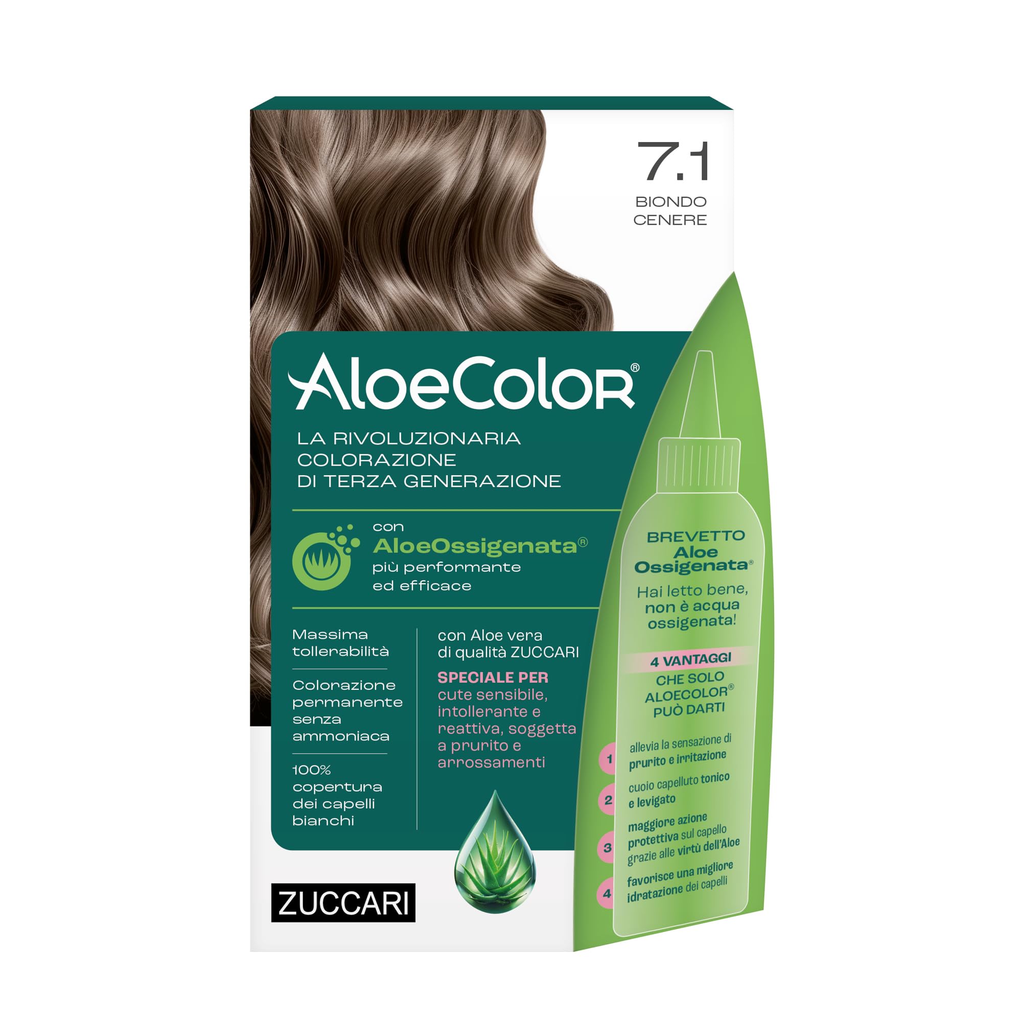 Zuccari Aloecolor 7.1 Biondo Cenere, Kit Di Colorazione Permanente Senza Ammoniaca E Parafenilendiammina, Arricchito Con Aloeossigenata. Brevettata, Copertura Totale Dei Capelli Bianchi - 4