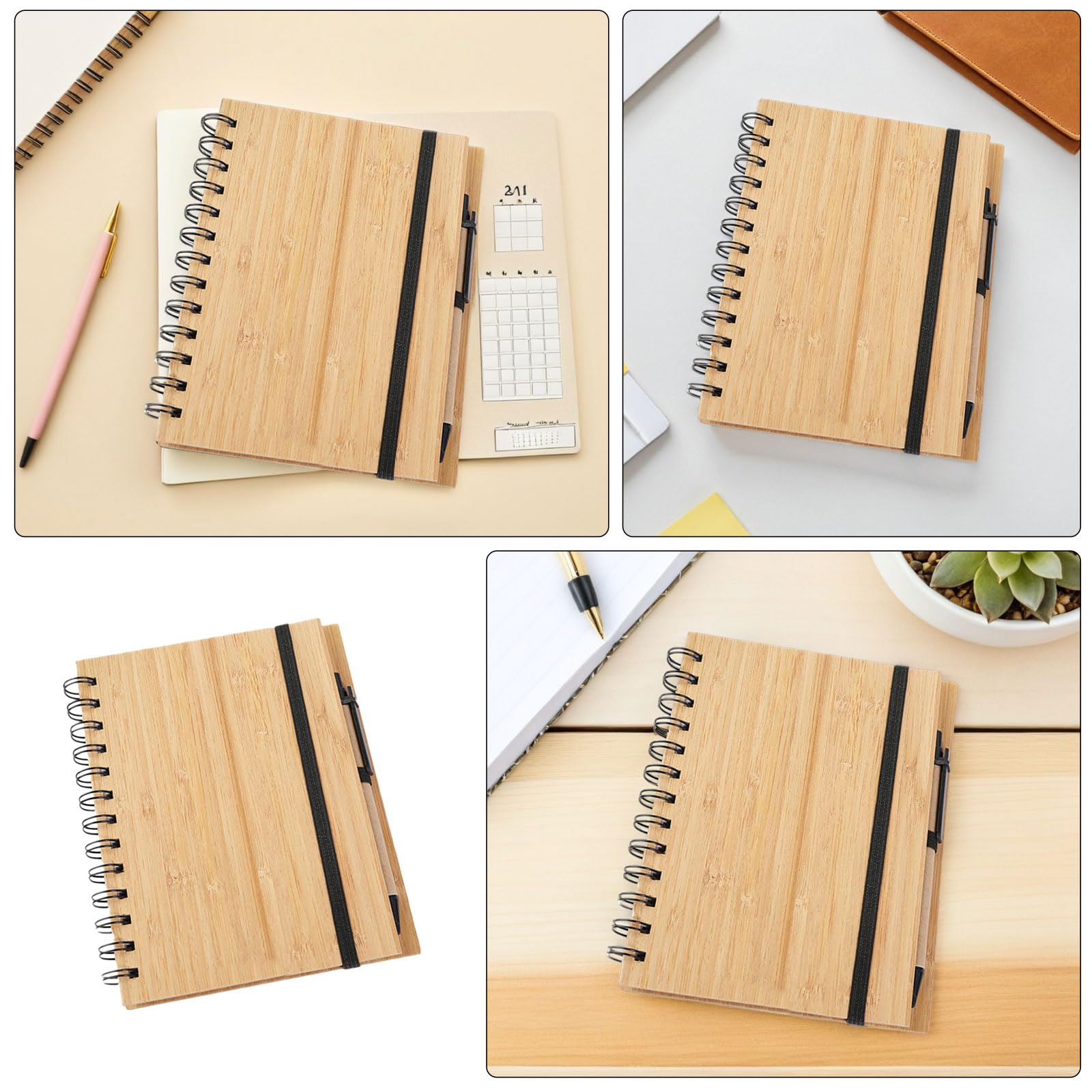 Healvian Quaderno in Bambù con Rilegatura a Spirale 70 Pagine con 3 Penne Set da 3 per Scuola, Ufficio e Meeting