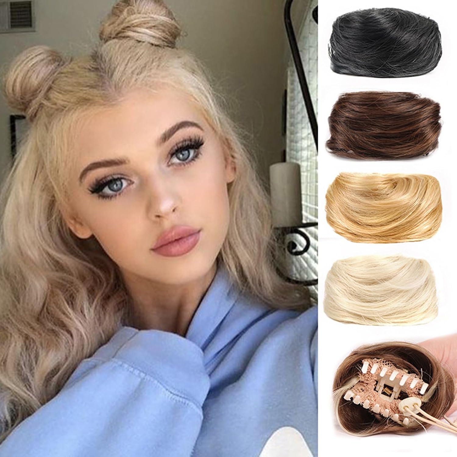 Space Bun Hairpieces Mini Claw Clip in Hair Bun Messy Cat Ears Hair Extension Donut Wig Accessory Straight Hair Scrunchies for Women(1PC light brown) image 3