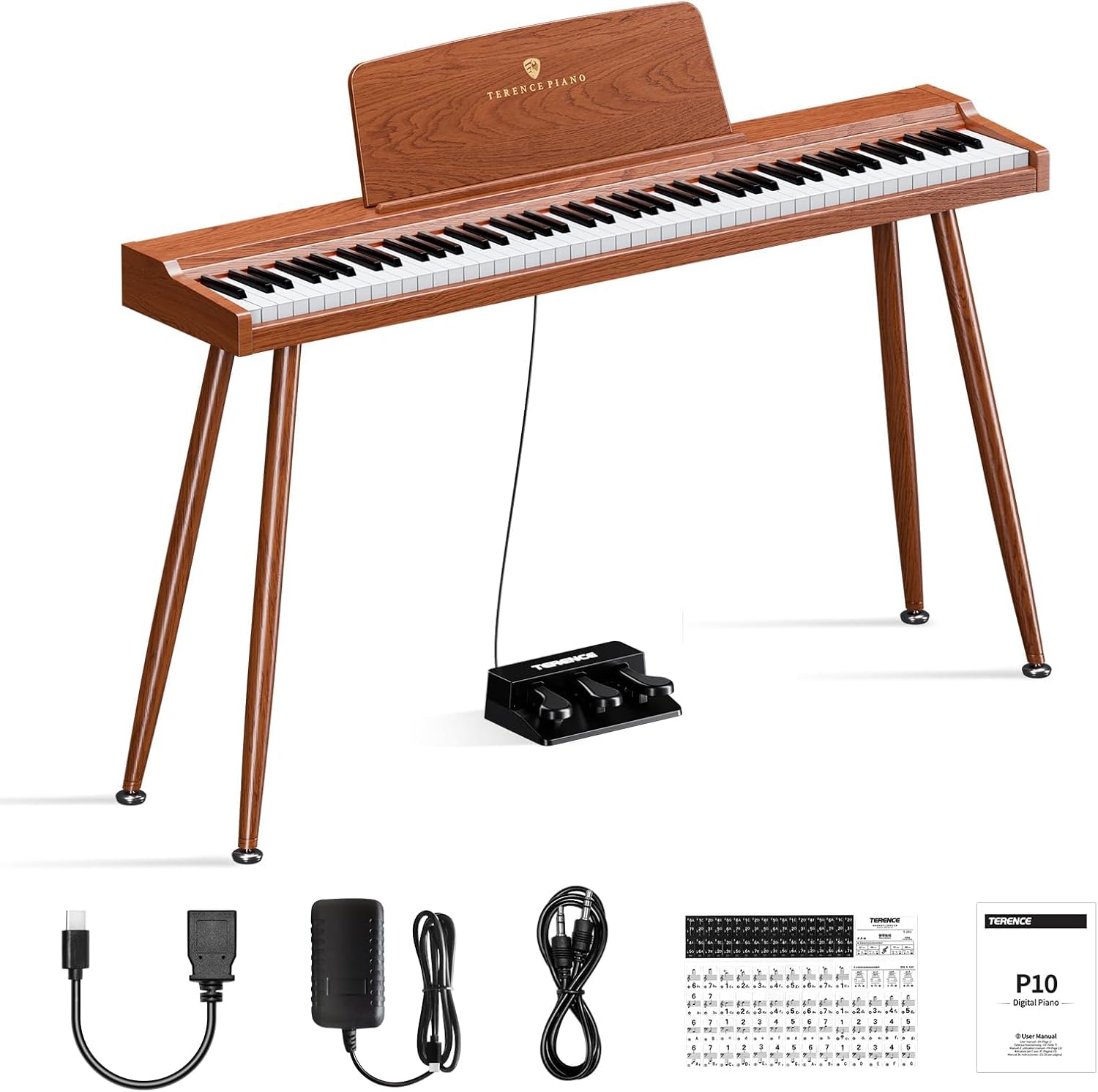 TERENCE P10 digital piano with dimensions labeled: 123cm width, 24.5cm depth, 74cm height, and 17cm music stand height.