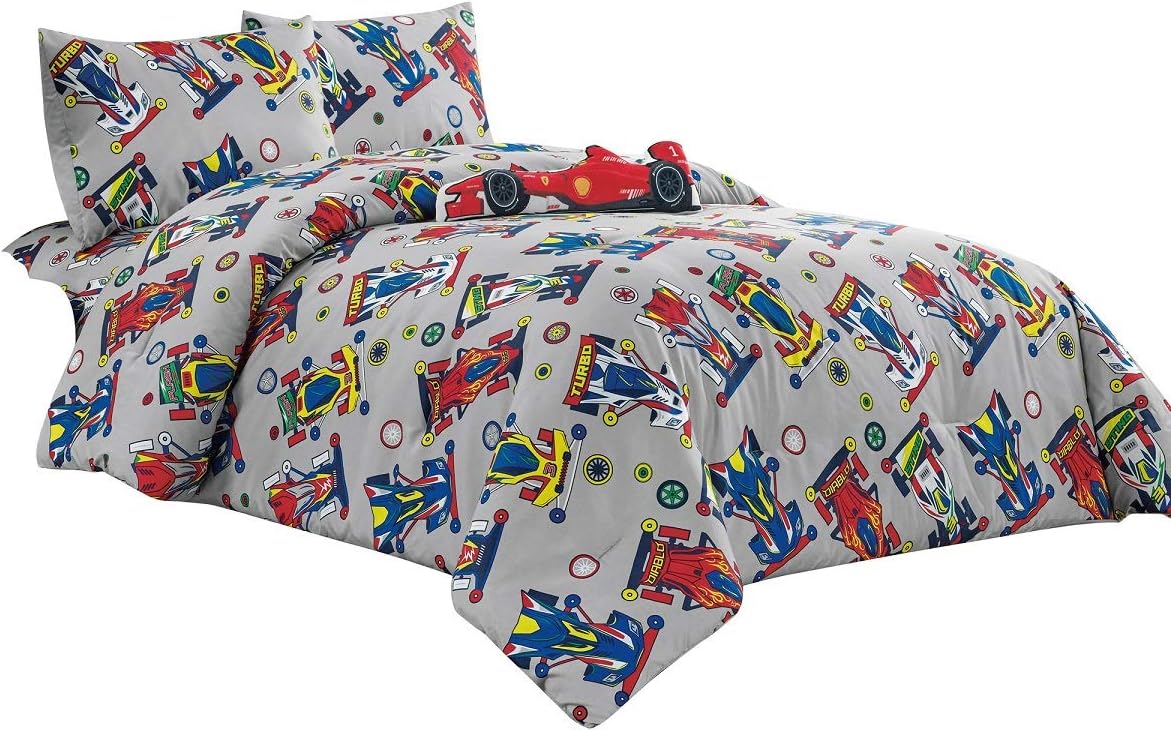 WPM Kids Collection Bedding 5 Piece Sport car Full Size Comforter Set with Grey Sheet Pillow sham and red Race Car Pillow Fun Sports Design (Race Me Cars, Full Comforter)