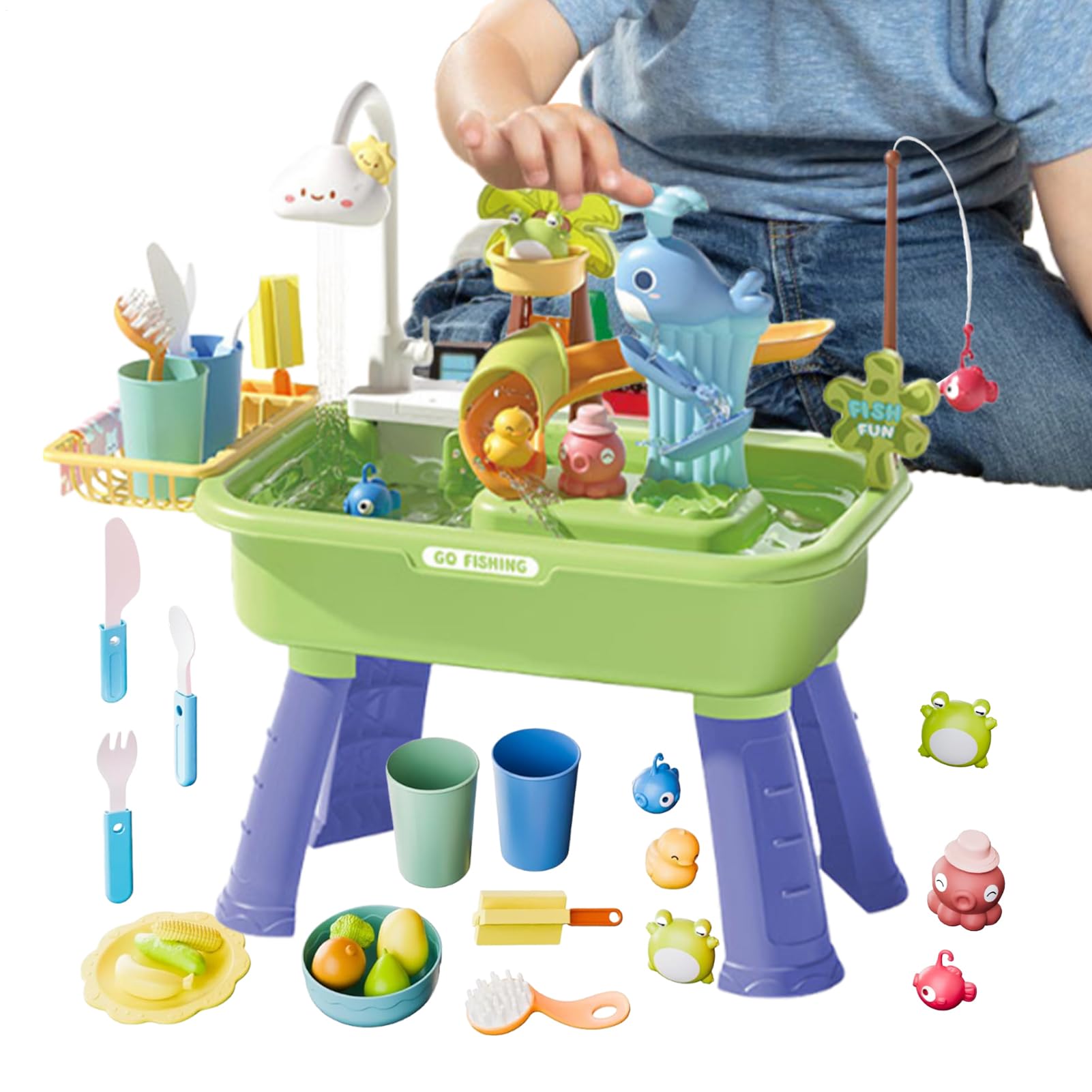 2026 Upgraded Water Table, Children's Water Play Table Equipped With Electric Faucet, Adjustable Waters Play Tub, Detachable Fishing Game Toy, Mini Kitchen Utensils Toy For Ages 4-8 Summer Beach Pool