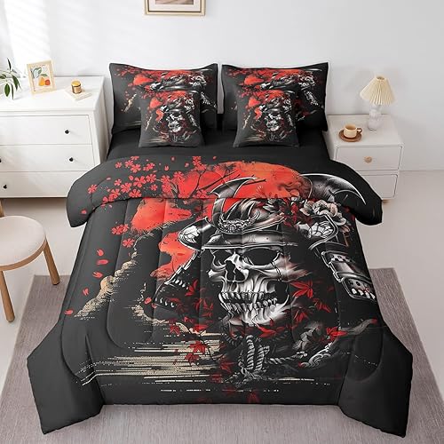 Erosebridal Japanese Samurai King Comforter Set 7 Piece,Gothic Skull Bedding Set