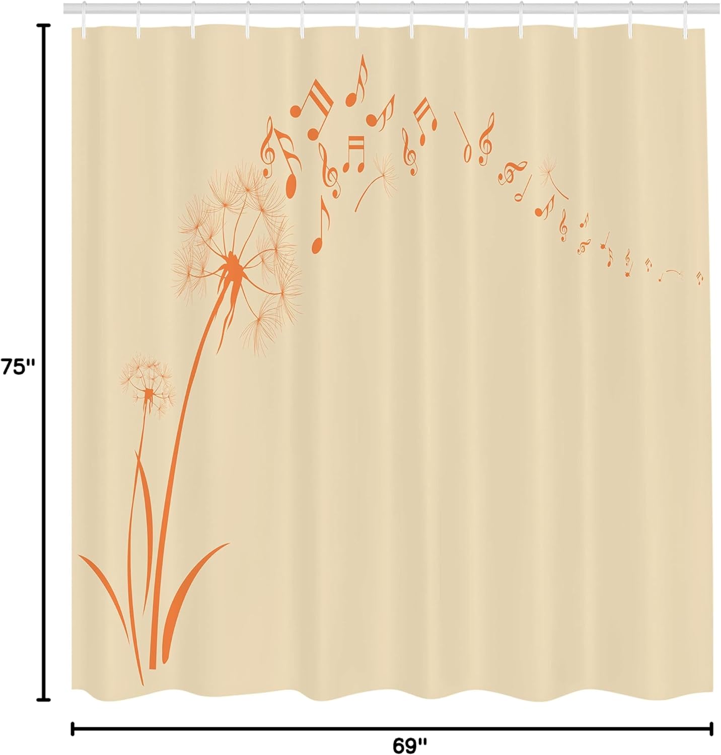 Ambesonne Music Shower Curtain, Flying Dandelions Notes Summer Spring Meadow Silhouette Softness Simple Print, Cloth Fabric Bathroom Decor Set with Hooks, 69" W x 75" L, Pale Peach