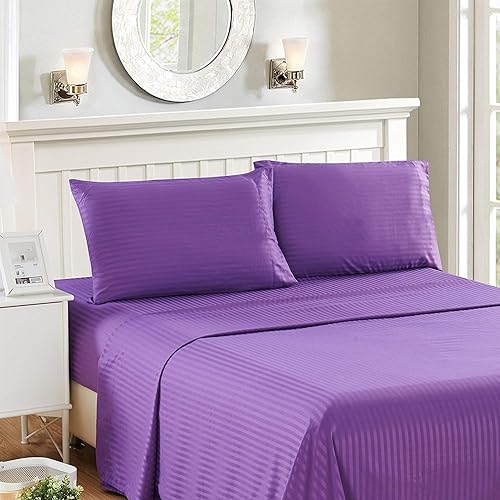 Damask Stripe - Juego de sábanas de algodón Pima de 550 hilos, 4 piezas, se adapta a bolsillos de 7 a 9 pulgadas de profundidad (1 ajustado, 1 plano