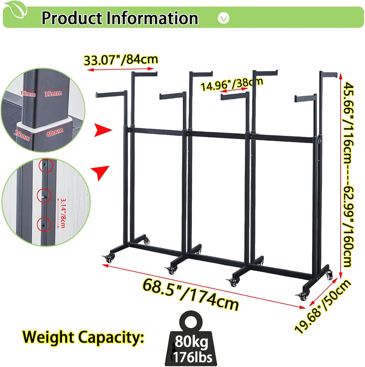 Floor Standing Metal Garment Rack - Heavy Retail Display Racks With Wheels, 8 Arms Clothing Rack, Square Tubing Portable Shirt Racks, Merchandise Display For Hanging Clothes (L-Black) - Image 3