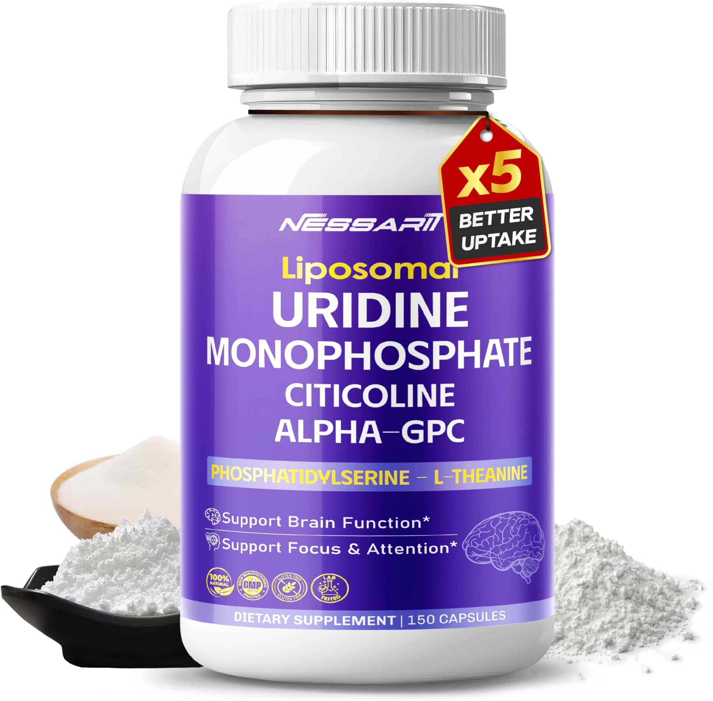 Uridine Monophosphate, Citicoline, Alpha-GPC, Phosphatidylserine & L-Theanine โ Support Brain Function & Focus โ 150 Capsules