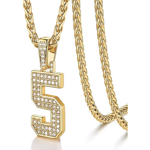 U7 Gold Initial Number Necklace for Men Women, 18K Gold/Silver Plated Diamond CZ Letter Pendant Necklace Big A-Z 0-9 Hip Hop Jersey, Customerized Letter Wheat Chain 22 Inch for Athletes Rappers