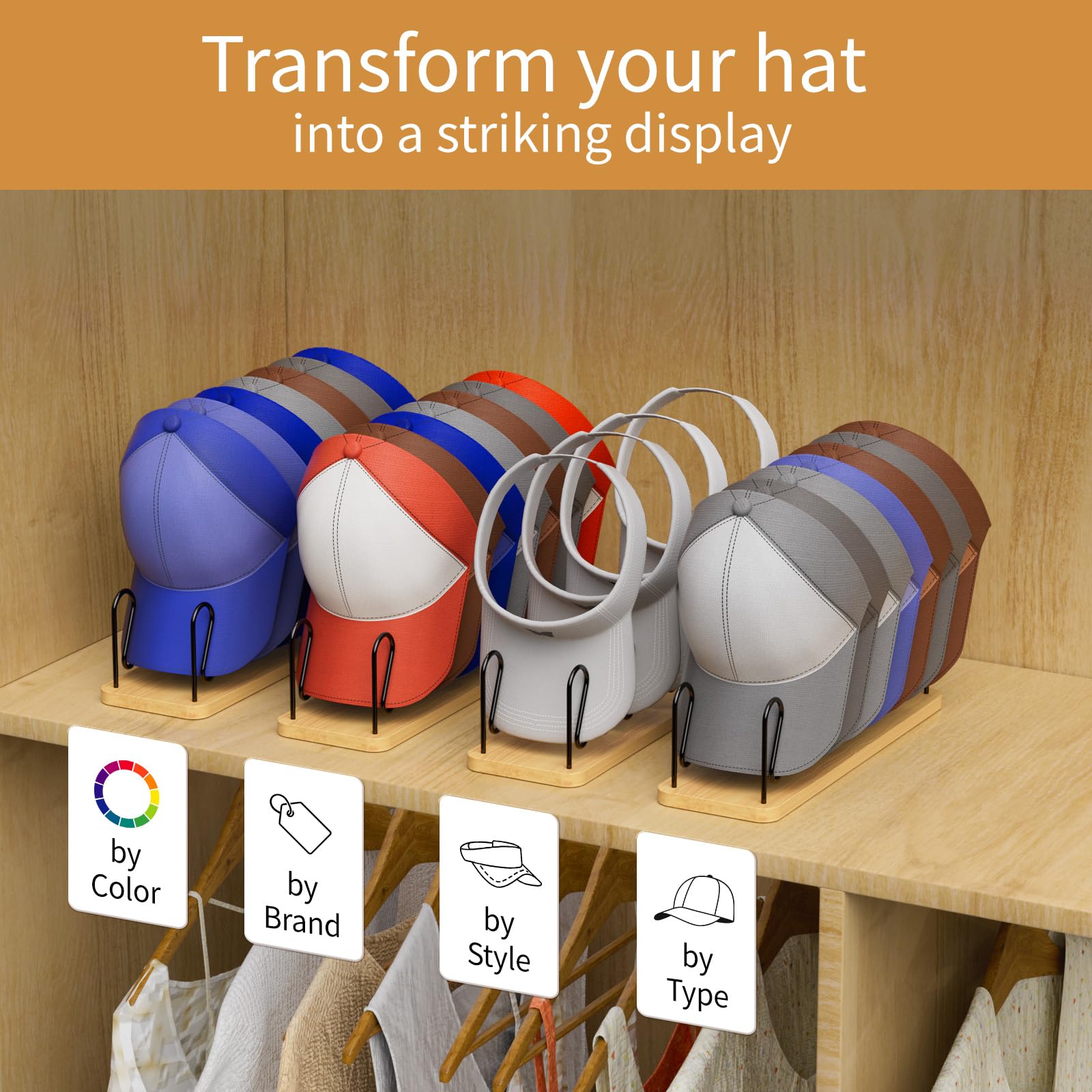 Organizer per cappelli da baseball, confezione da 2 pezzi, in legno, per riporre fino a 14 cappellini