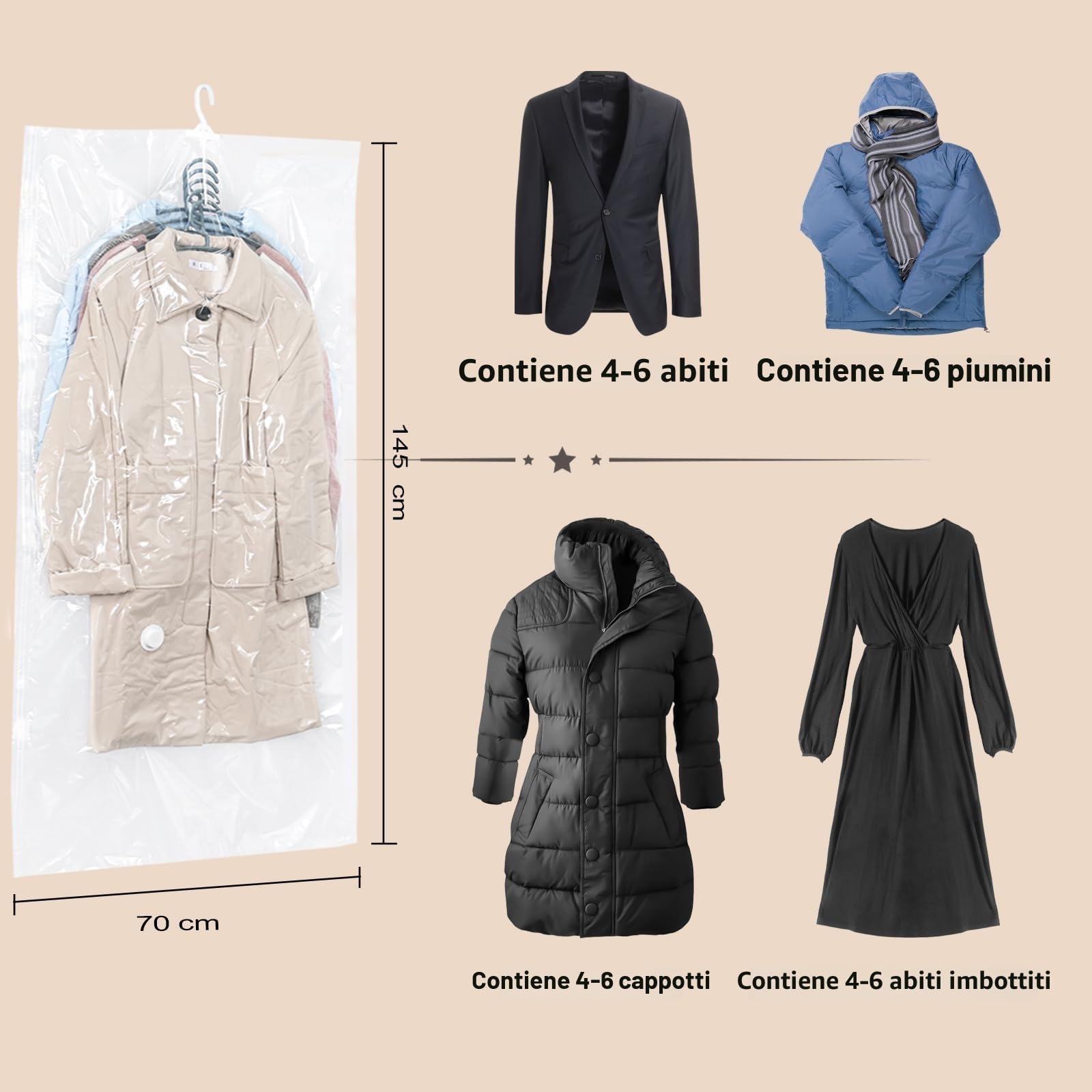 Sacchetti sottovuoto vestiti da appendere, 4 pezzi, Vacuum storage bags salvaspazio per vestiti, organizer per armadio, Sacchetti vestitii trasparente e riutilizzabile, (4 lunghi 145 x 70 cm)