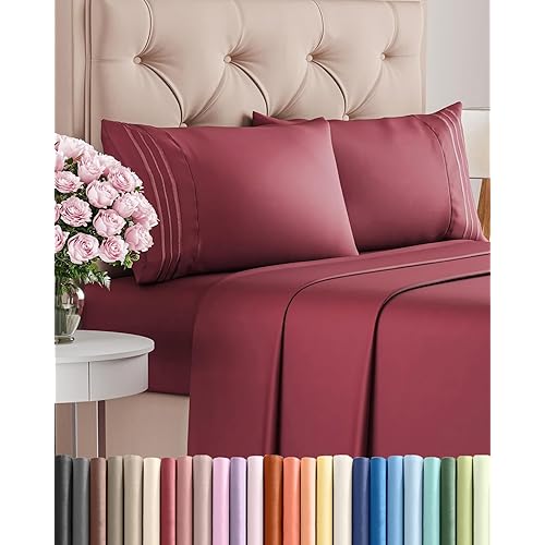 Queen Size 4 Piece Sheet Set - Comfy Breathable & Cooling Bed Sheets Set - Hotel Luxury Bedding for Women, Men, Kids, Teens, Boys & Girls - Deep Pockets, Ultra-Soft, Wrinkle Free - Oeko-Tex - Burgundy