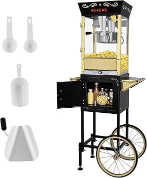 Popcorn Machine with Cart & 12oz kettle for Home/Commercial Black | 850W, Medium Capacity, Easy to Use/Clean, Vintage Movie Theater Style, 3 Easy Switches, with Storage, 4 Spoons