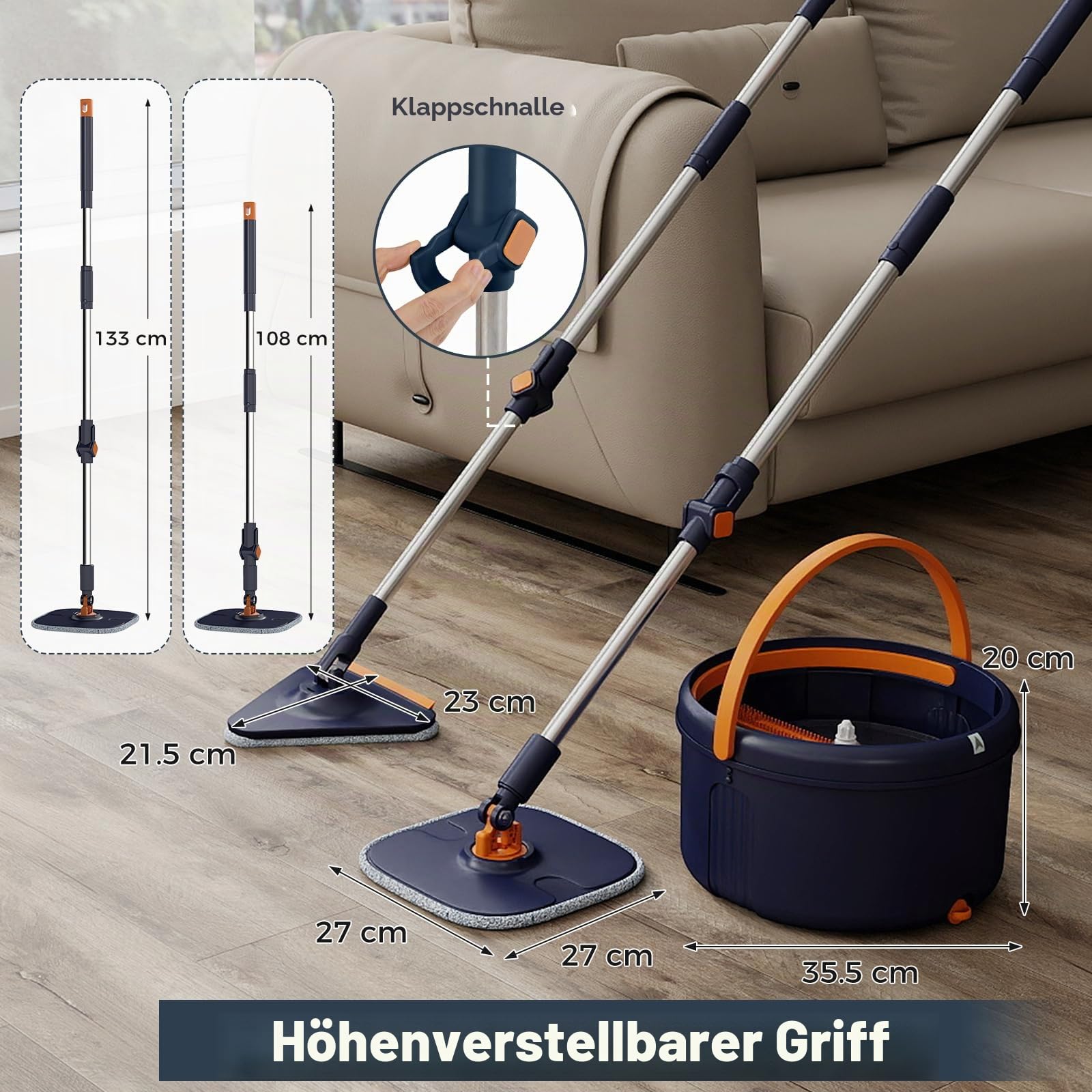 LIFEZEAL Wischmopp Set mit Eimer, Putzeimer mit 360°-Drehmopp & Tücher, Mop Bodenwischer mit Wasch- und Trocknungsfunktion, Bodenreiniger für alle Bodenarten (Blau + 9 Tücher)