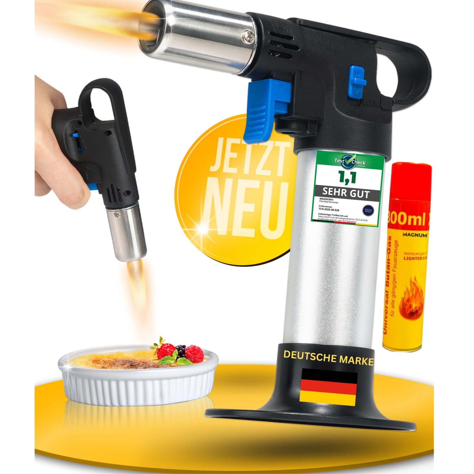 MAGNUM® Flambierbrenner [inkl. 300 ml Gas ] 1300 ∘C – Premium Creme Brulee Brenner, nachfüllbar mit Sicherung – Ideal zum Karamellisieren, Flambieren & Bräunen
