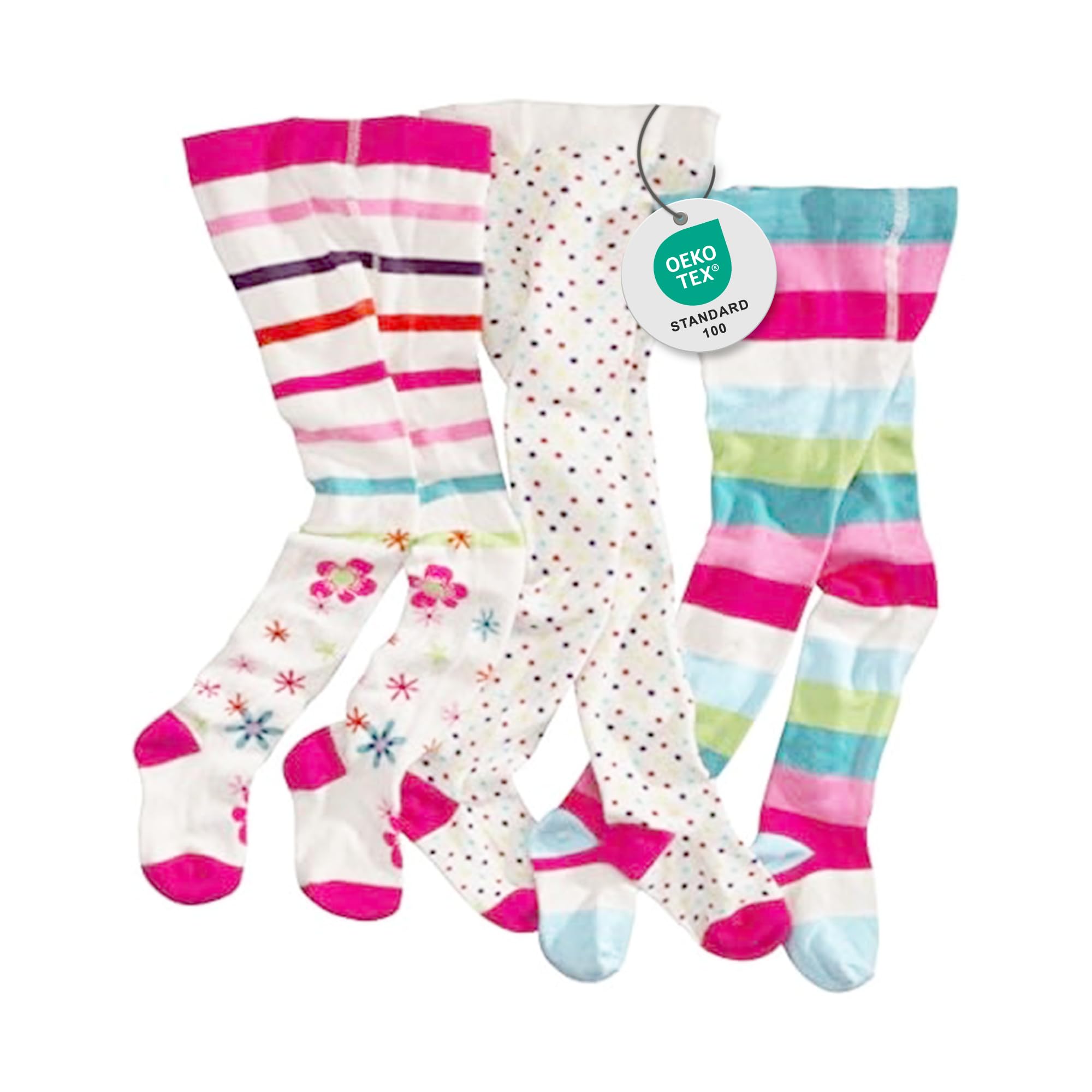 WELLYOU - girls children's tights - set of 3 baby tights striped, dotted & flowered - colourful cotton tights with pattern - Made in EU gr 62-146