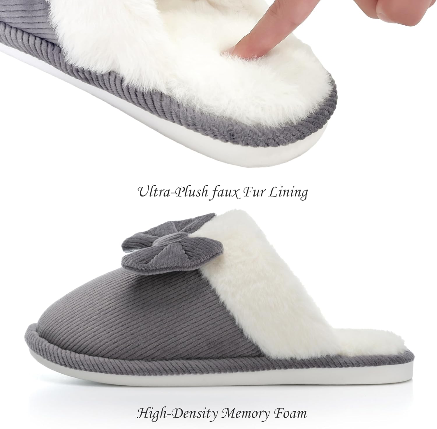 NineCiFun Womens Bow Scuff Slippers Corduroy Plush Faux Fur Lining Memory Foam Non Slip Indoor Outdoor House Shoes - Image 4
