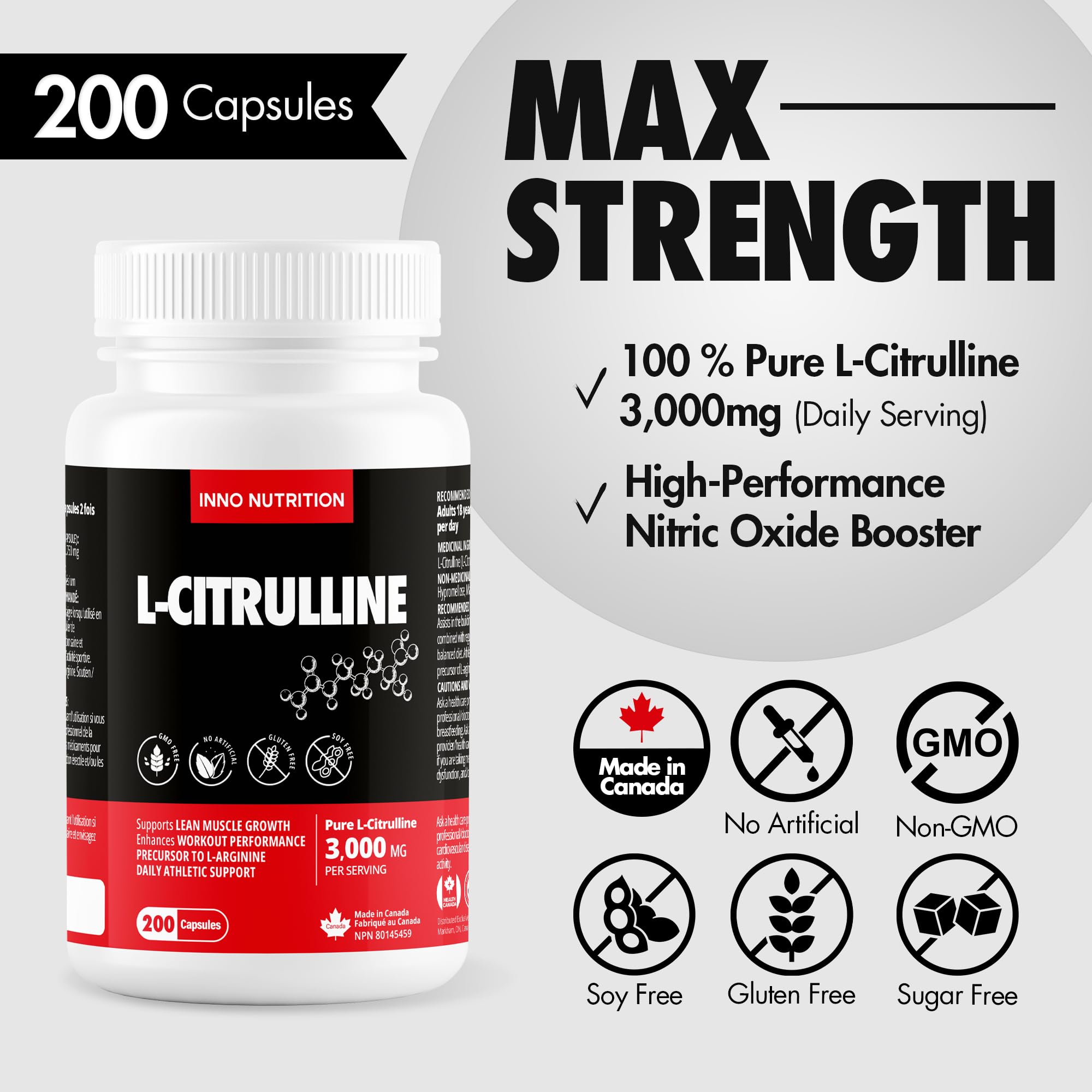 Inno Nutrition L-Citrulline 750 mg - 200 Capsules | 3,000mg daily Serving | High Potency Nitric Oxide Booster for Muscle Pump & Endurance | Made in Canada - 3