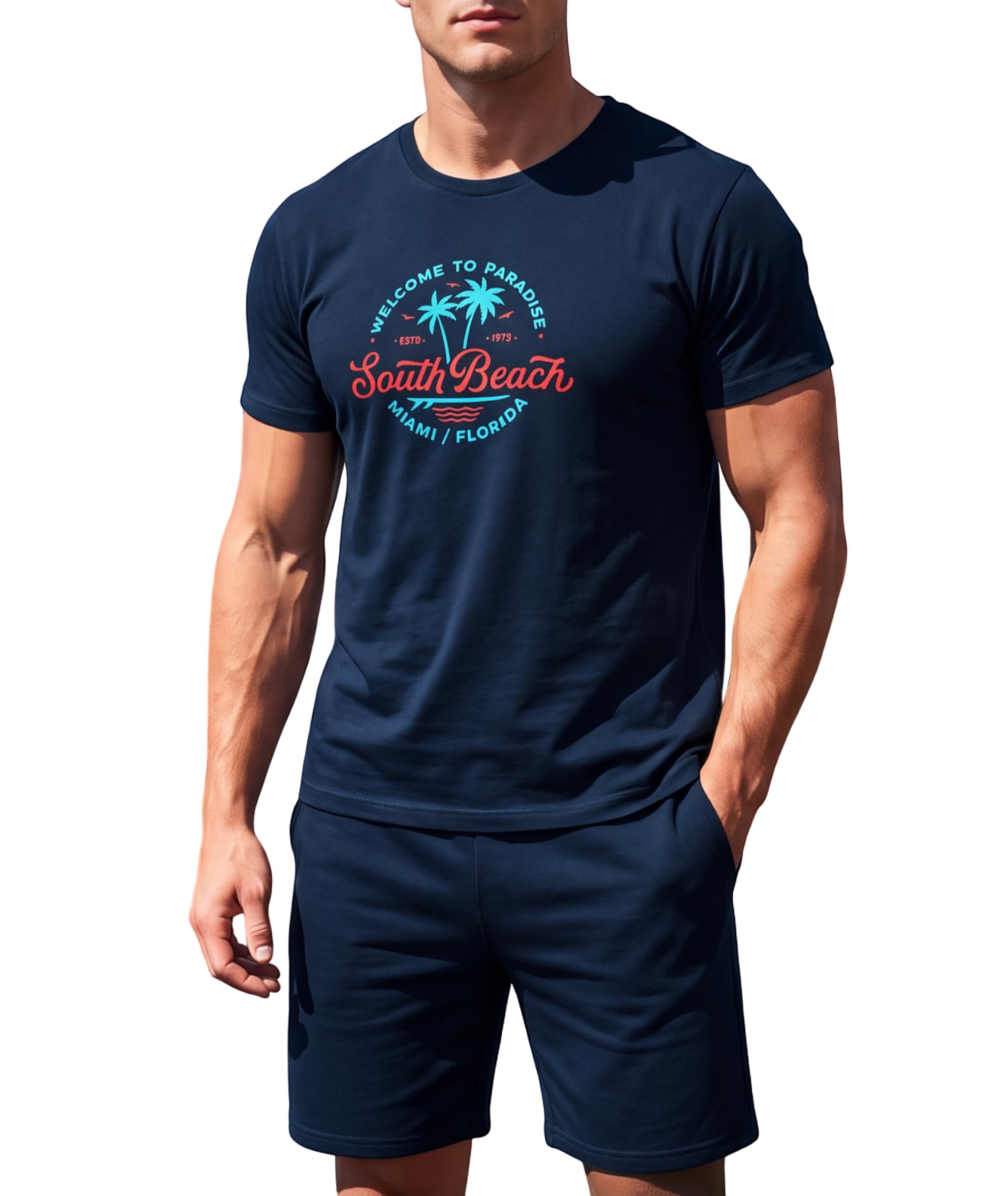 Bresdk Pijama Hombre Verano Corto Cuello Redondo Pijamas Algodón Estampado de Letras Camiseta Manga Corta y Pantalones Cortos 2 Piezas