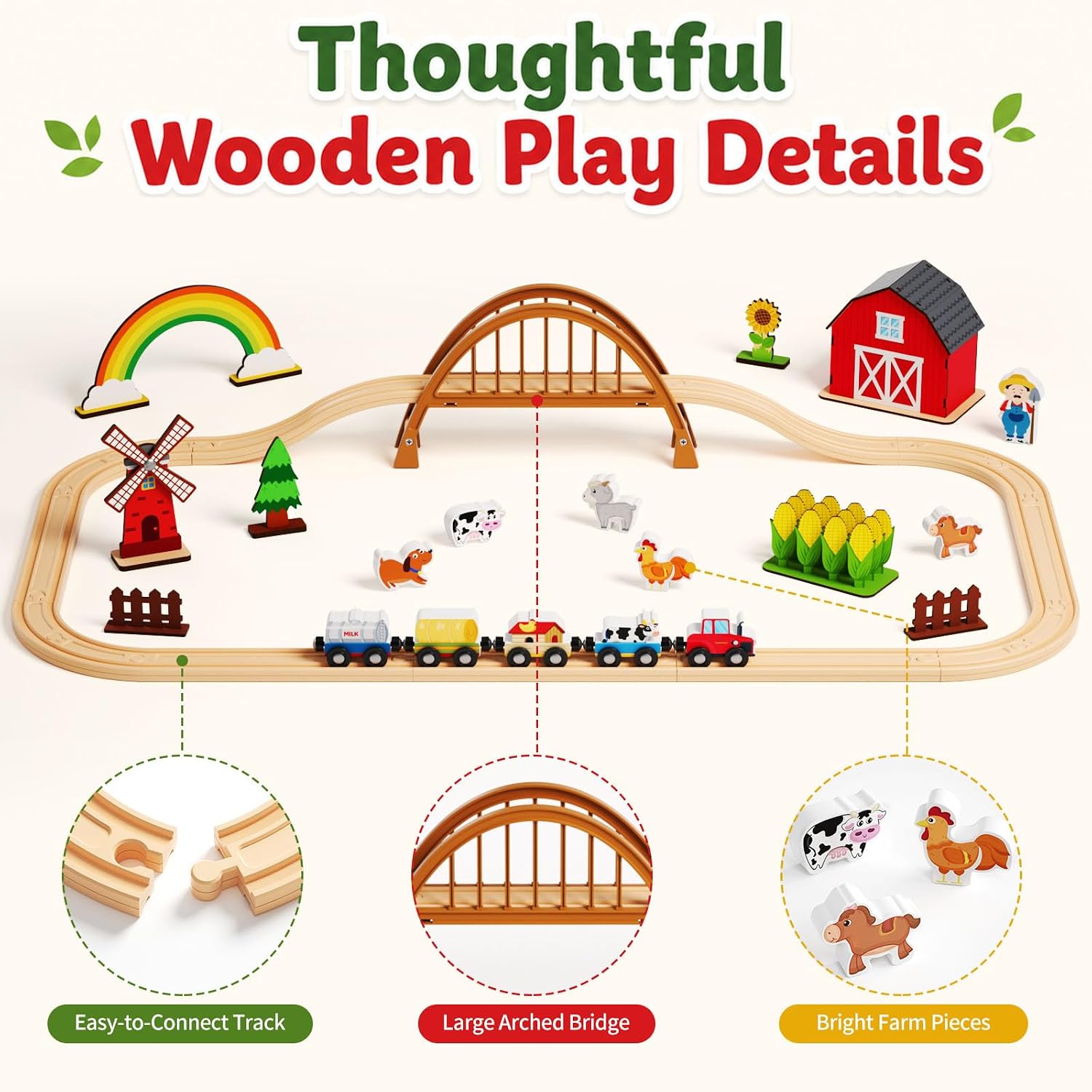 Wooden Farm Train Set,Toddler Toys,Train Set for Toddlers 3-5,Magnetic Train Toys,with Plastic Tracks Compatible with Major Brands Expandable，Sensory Toys for Kids,Ideal Gifts Boys, Girls
