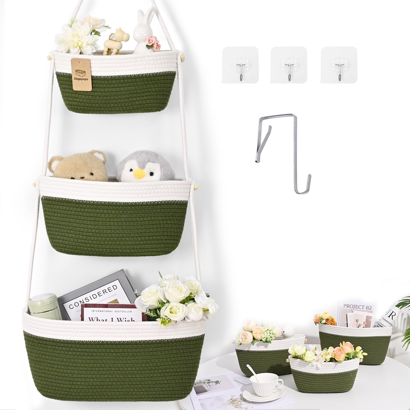 Hanging Basket, 3-Tier Woven Wall Basket with 4 Hooks, Cotton Rope Storage Baskets, Over the Door Organizer for Nursery, Bedroom, Cottage and Boho Wall Decor