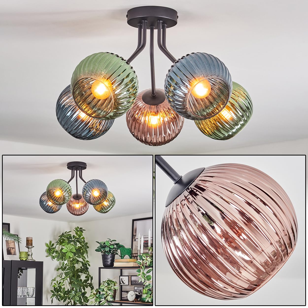 Hofstein Black/Gold/Blue Ceiling Lamp Koyoto, 5-Burner Ceiling Lamp Made Of Metal/Fluted Glass In /Copper, Vintage Design (Shades Ø 15 Cm), E14, Dining Room, Living Room, Bedroom, Kitchen