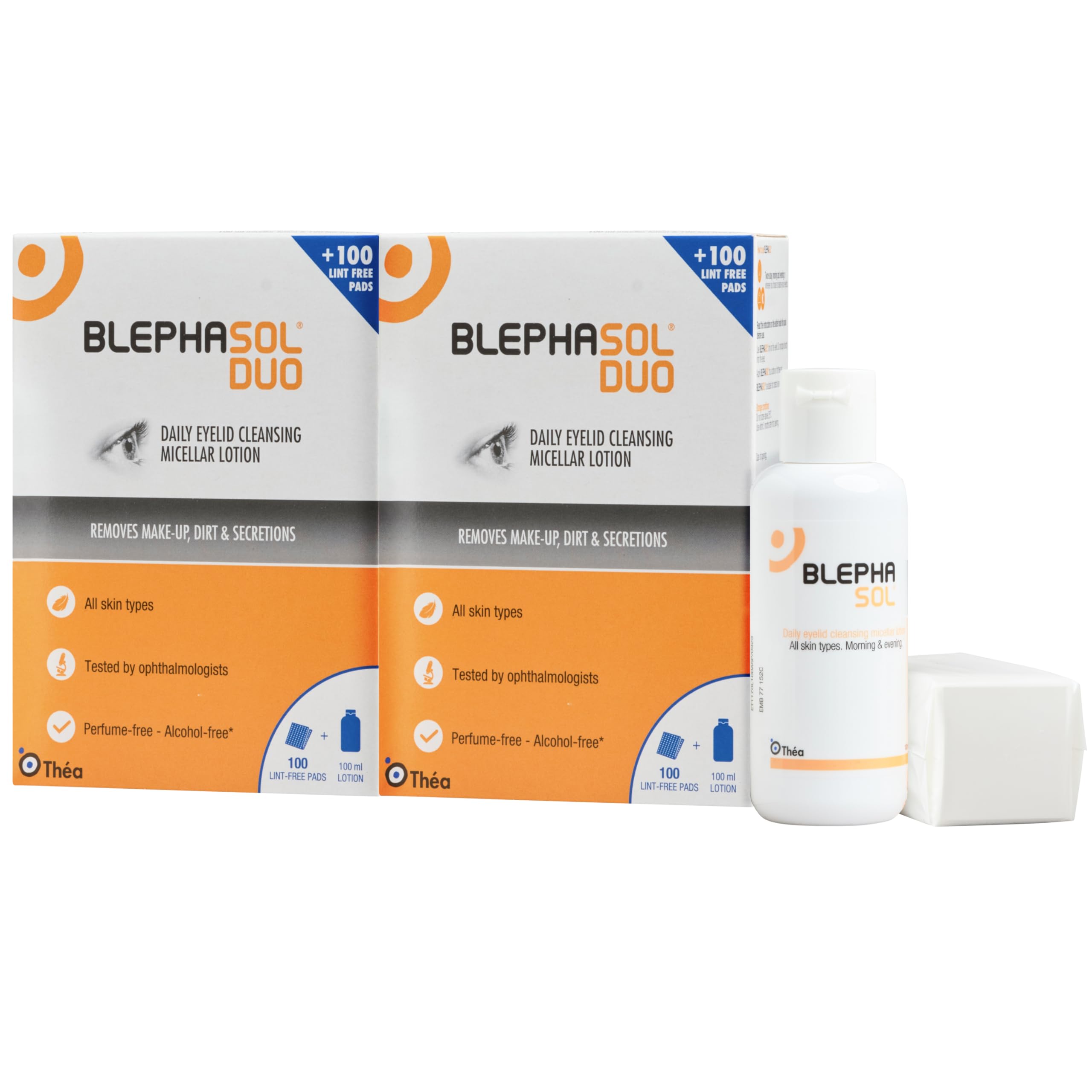 Duo Micellar Eyelid Cleansing Lotion | Gentle, Effective Removal of Dirt & Makeup from sensitive Eyelids and Lashes | Perfume & Alcohol-Free | 2 PACK | 2 x 100 ml Bottle |200 Lint-Free Pads