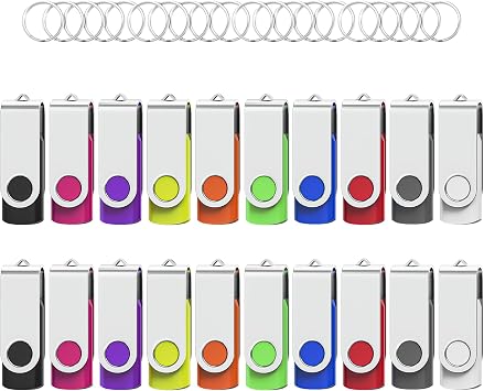 Flash Drives 16GB 20 Pack with Keychains, Swivel USB 2.0 Thumb Drives Bulk USB Drive Memory Stick Date Storage Pack Mixcolors